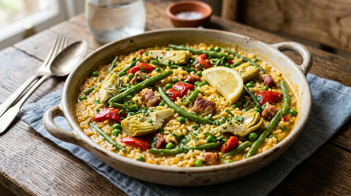 Arroz meloso de verduras de temporada con Duroc