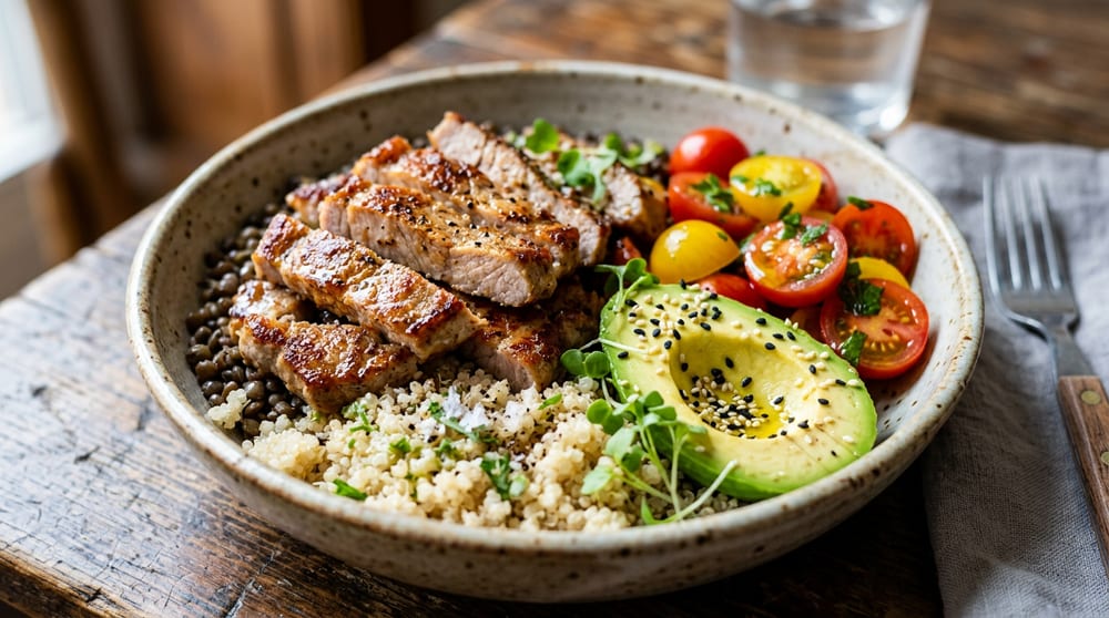 Detalle del bowl con las tiras de cerdo Duroc sobre la quinoa y el aguacate