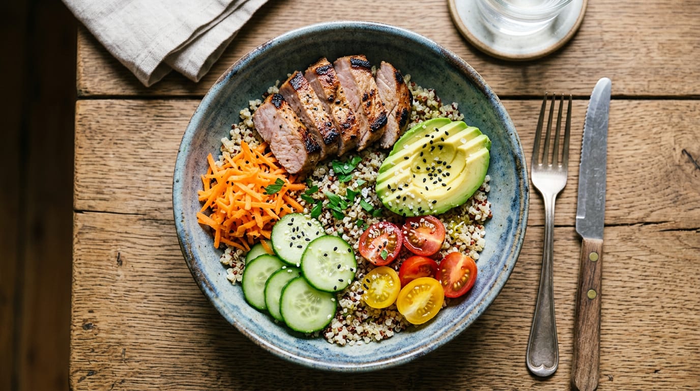 Bowl de cerdo Duroc, quinoa y verduras