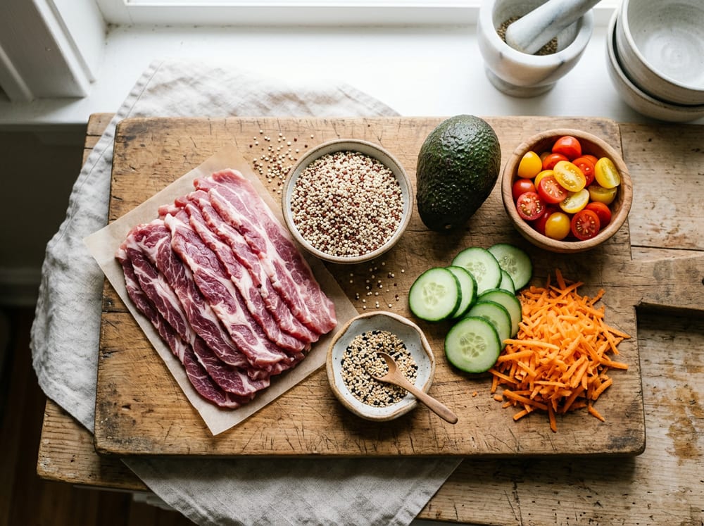 Tiras de cerdo Duroc crudo junto a quinoa, aguacate, tomates cherry, pepino y zanahoria