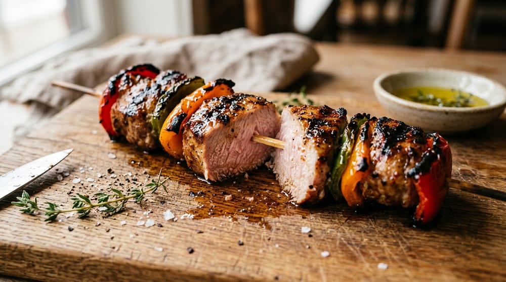 Detalle de una brocheta de cerdo Duroc asada, mostrando su punto jugoso