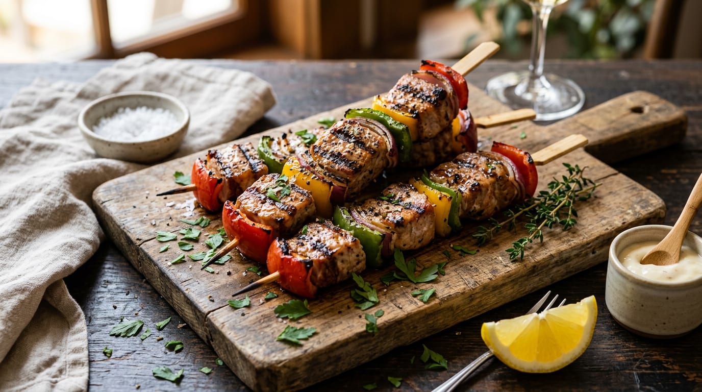 Brochetas de cerdo Duroc con pimientos