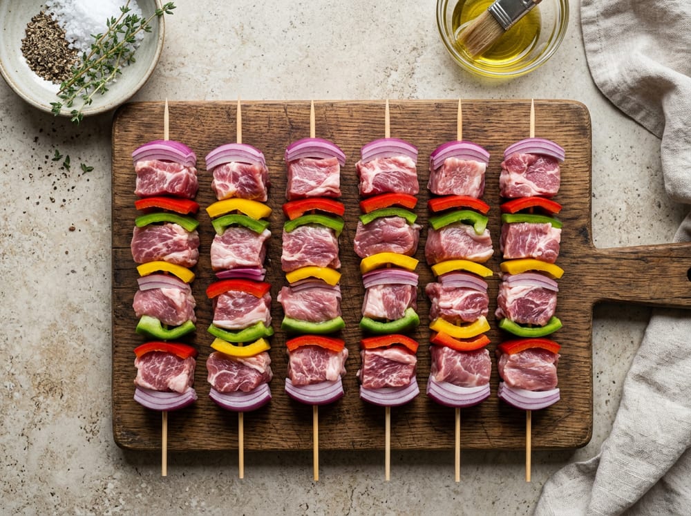 Dados de cerdo Duroc crudo ensartados en brochetas con trozos de pimiento y cebolla