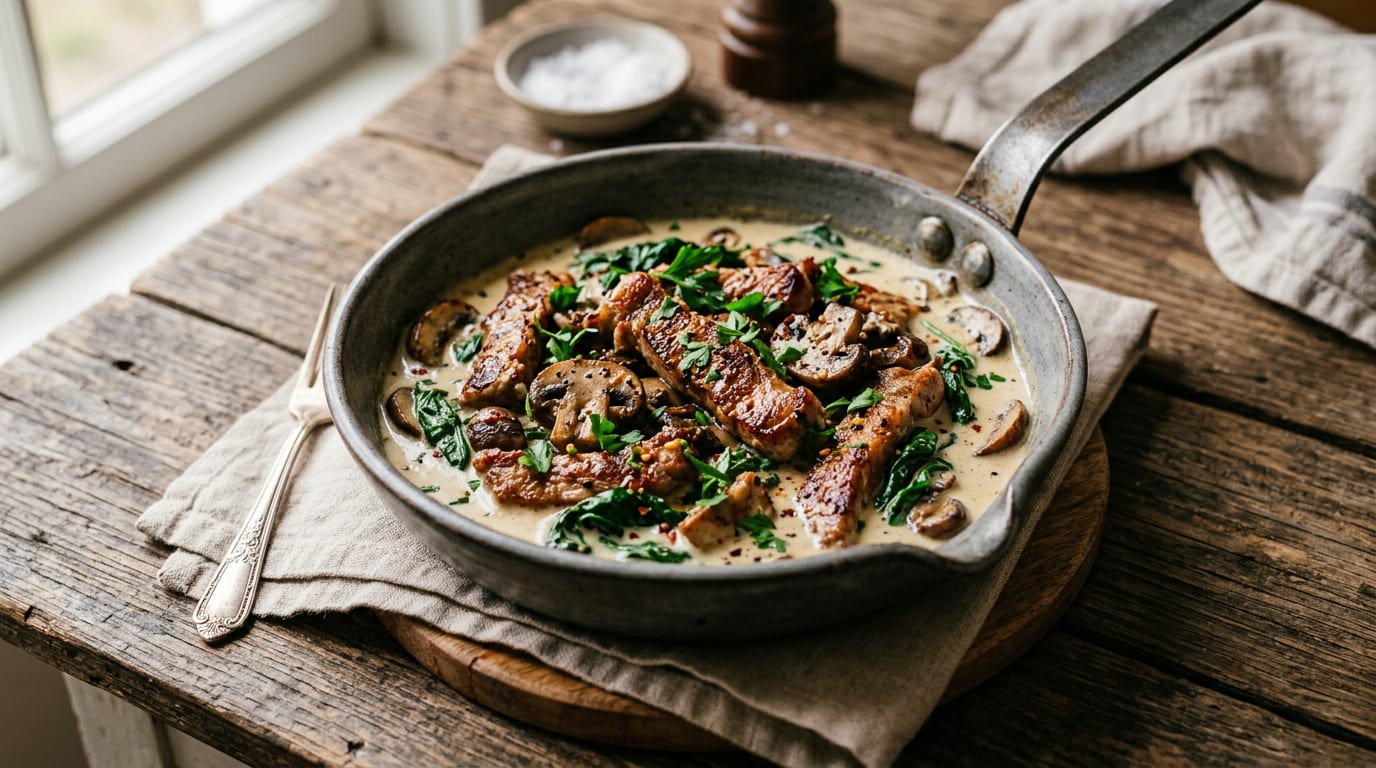 Cerdo Duroc con champiñones y espinacas
