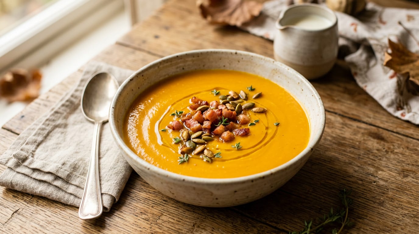 Crema de calabaza asada con crujiente de Duroc