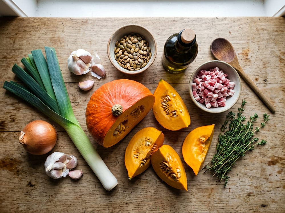 Calabaza en cuñas como ingrediente principal, con puerro, ajo, pipas de calabaza y una pequeña cantidad de lomo Duroc en taquitos