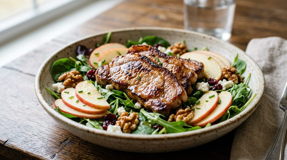 Detalle de la ensalada con las tiras de cerdo Duroc recién salteadas