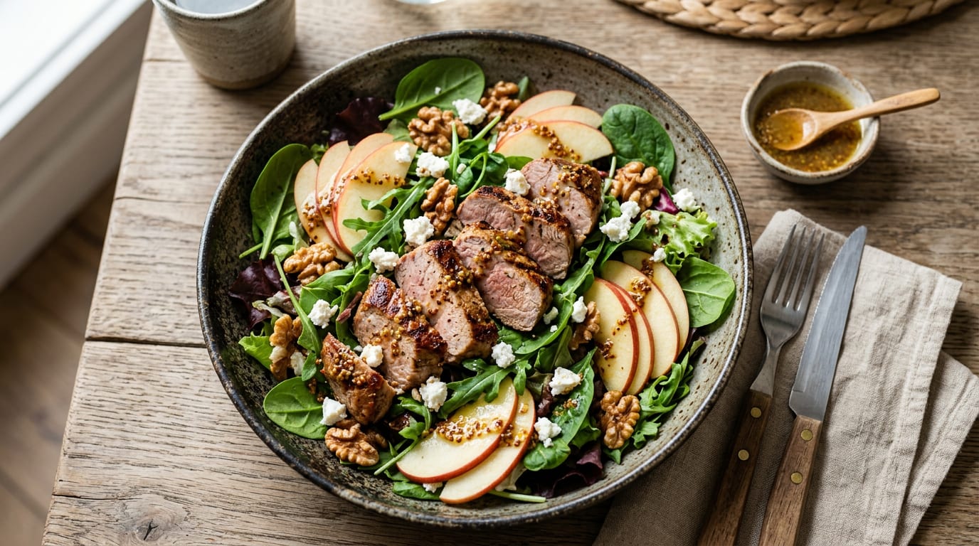 Ensalada templada de cerdo Duroc, manzana y nueces