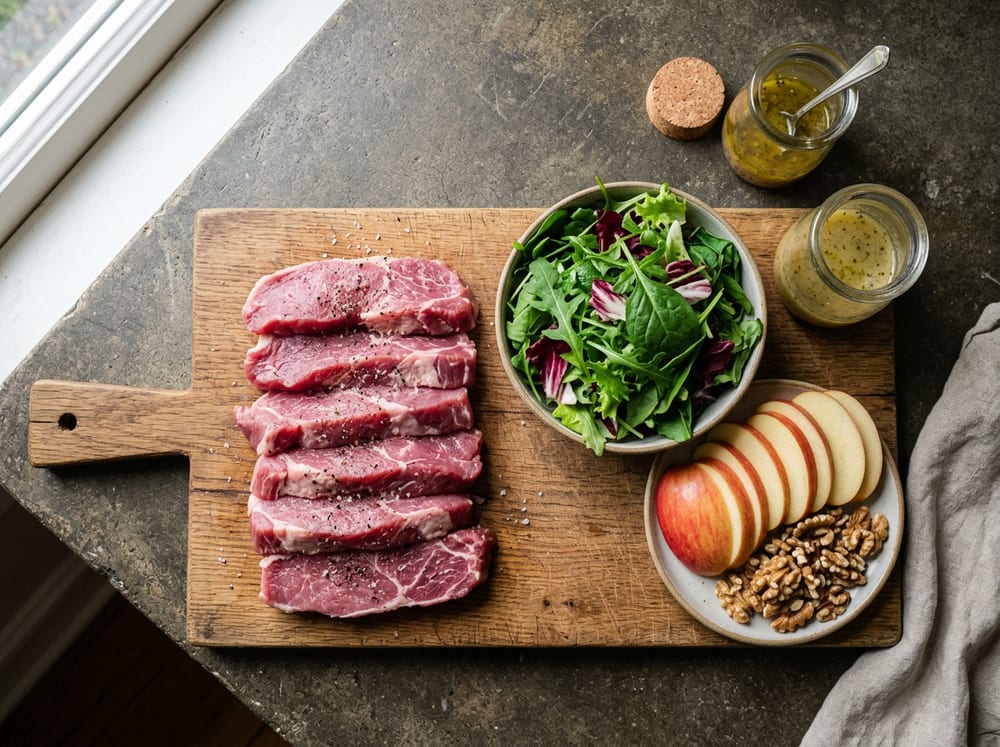 Tiras de cerdo Duroc crudo junto a lechugas, manzana en láminas y nueces, listos para montar la ensalada