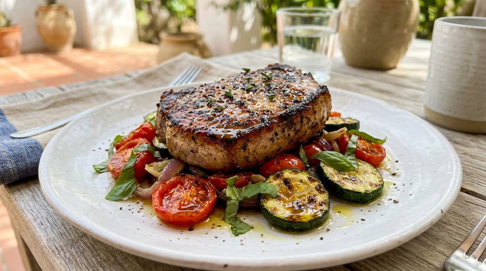 Detalle del filete de lomo Duroc jugoso con tomate, calabacín y albahaca