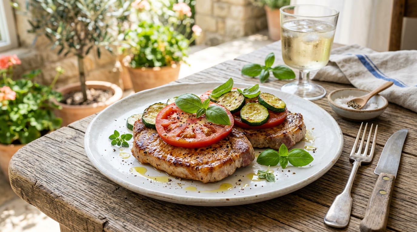 Filetes de lomo Duroc con tomate, calabacín y albahaca