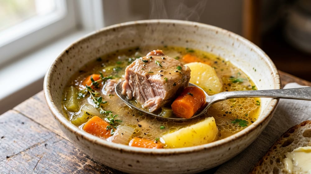 Detalle del guiso, con la carne de cerdo Duroc tierna y el caldo ligeramente espesado