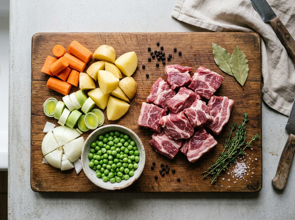 Dados de cerdo Duroc crudo junto a zanahorias, patatas, puerro, cebolla y guisantes