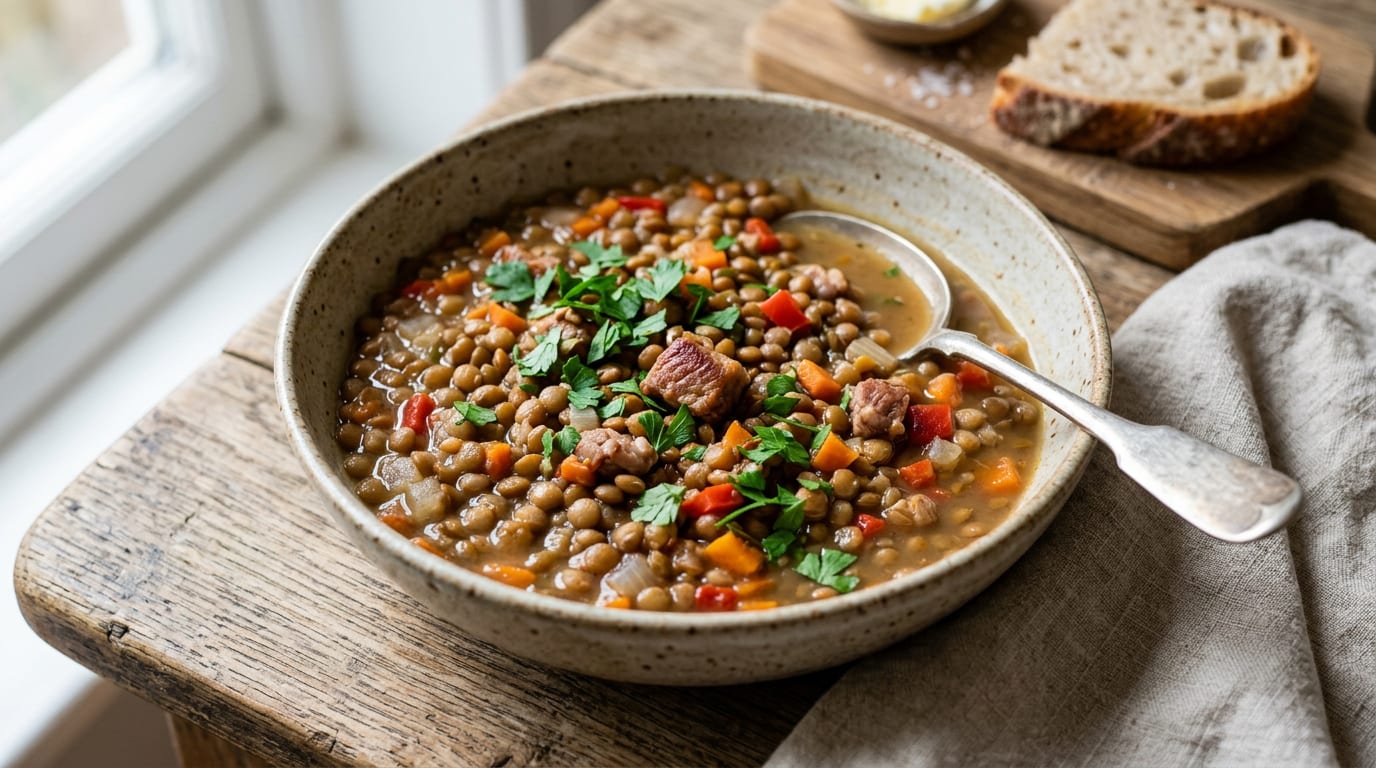 Lentejas estofadas con verduras y taquitos de lomo Duroc