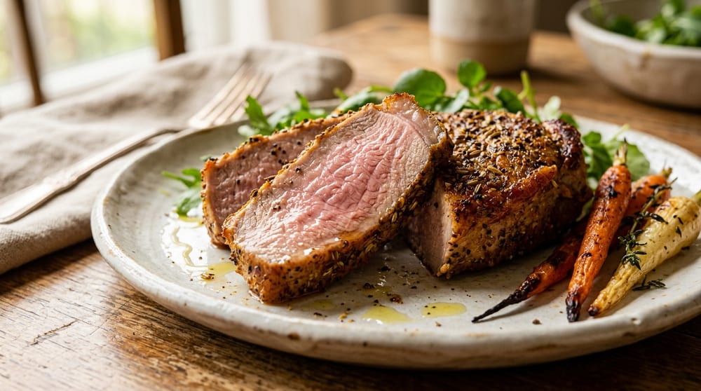 Detalle del filete de lomo Duroc cortado, con costra de especias e interior jugoso