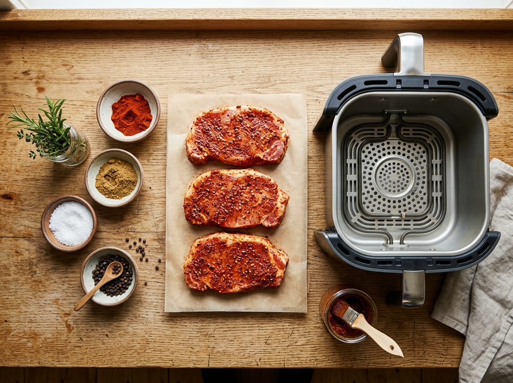 Filetes de lomo de cerdo Duroc crudos con la mezcla de especias, junto a la cesta de la air fryer