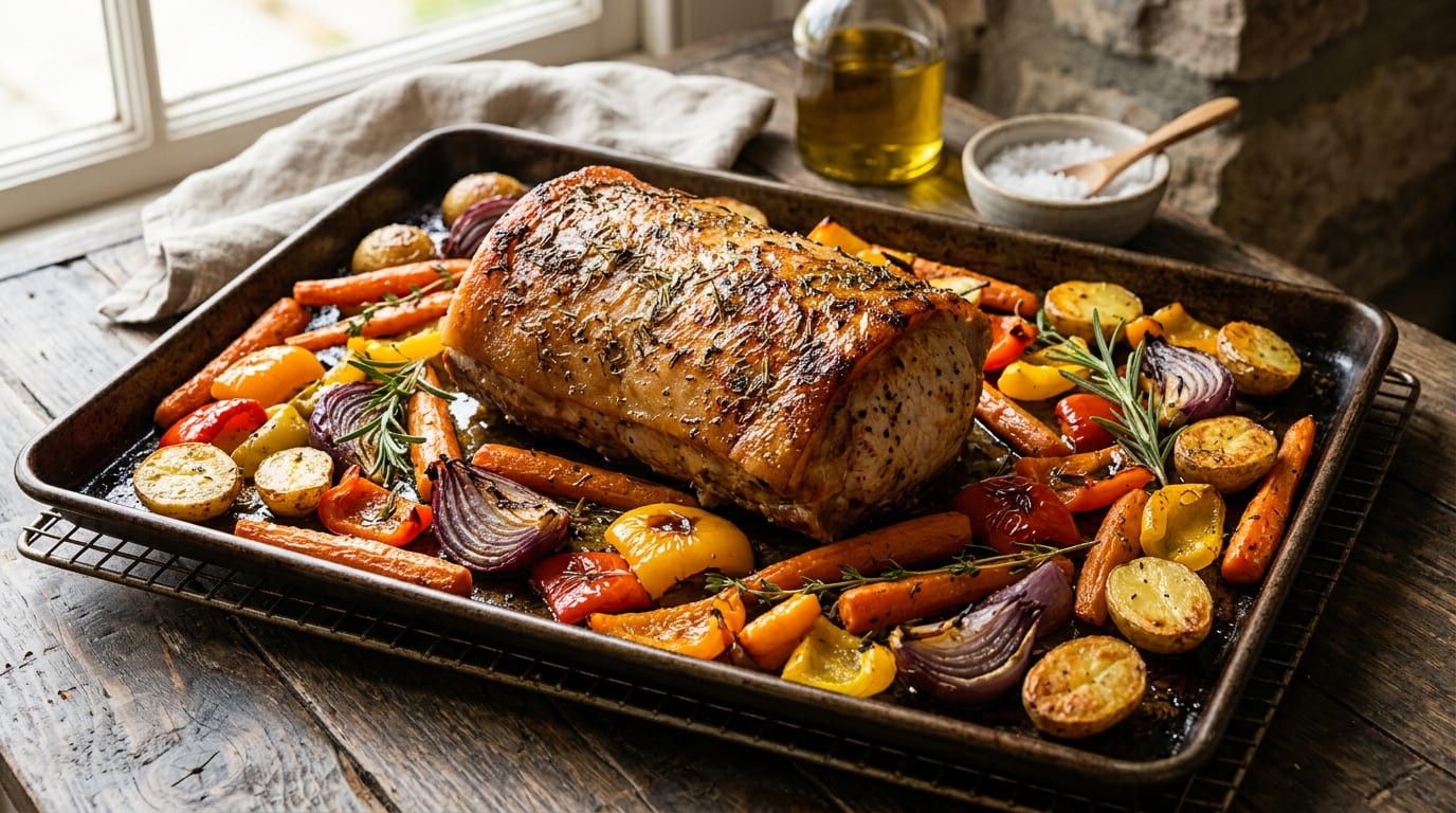 Lomo Duroc al horno de aire caliente con verduras de temporada