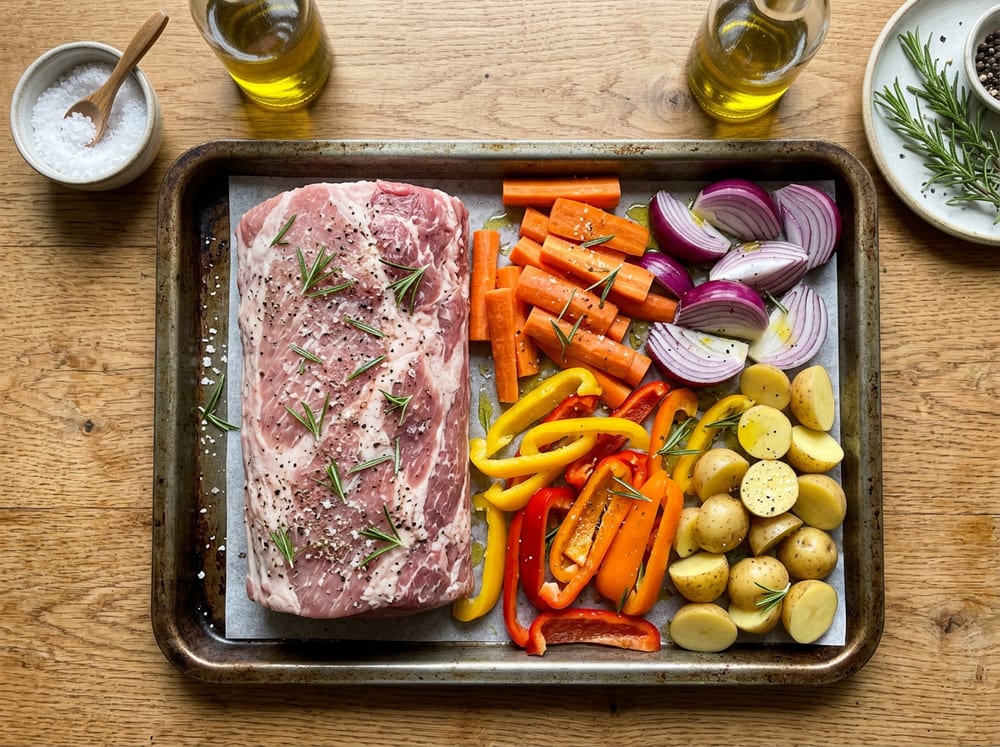 Lomo de cerdo Duroc crudo en una bandeja de horno junto a zanahorias, cebolla roja, pimiento y patatas antes de asar