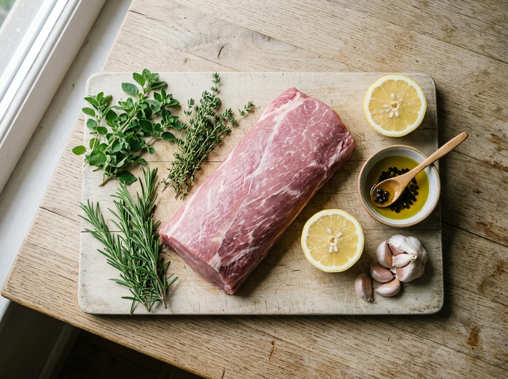 Lomo de cerdo Duroc crudo junto a limón, ajo y hierbas frescas para la marinada