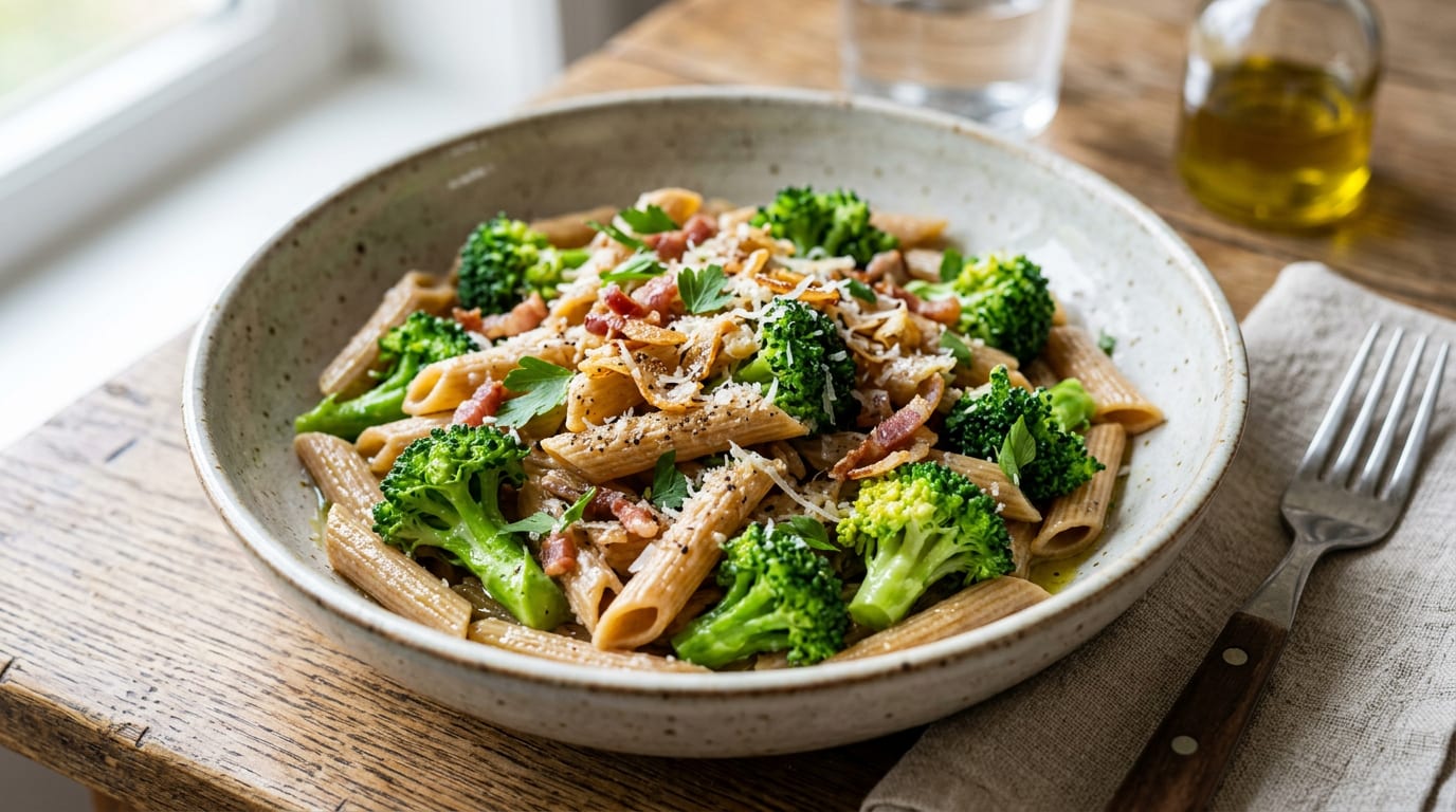Pasta integral con brócoli y virutas de lomo Duroc