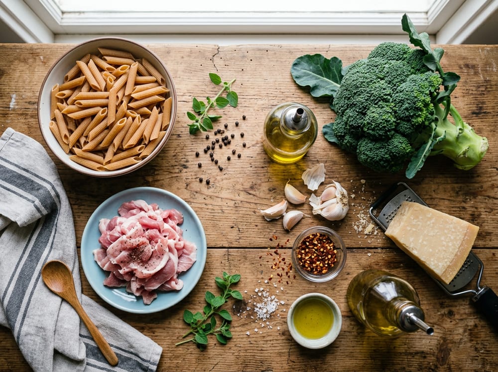 Pasta integral cruda y un brócoli entero como ingredientes principales, con ajo, queso curado y una pequeña cantidad de lomo Duroc en lonchas finas