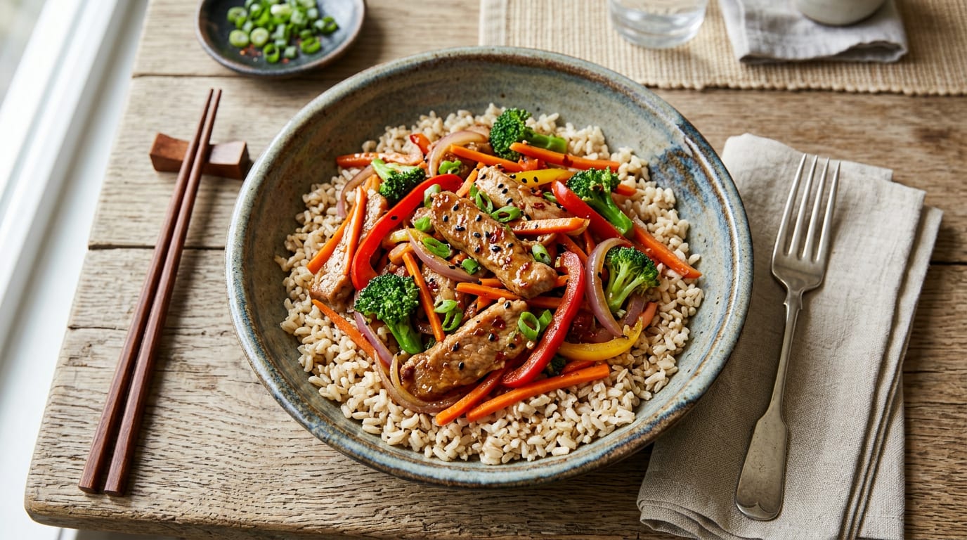 Salteado de cerdo Duroc con verduras y arroz integral
