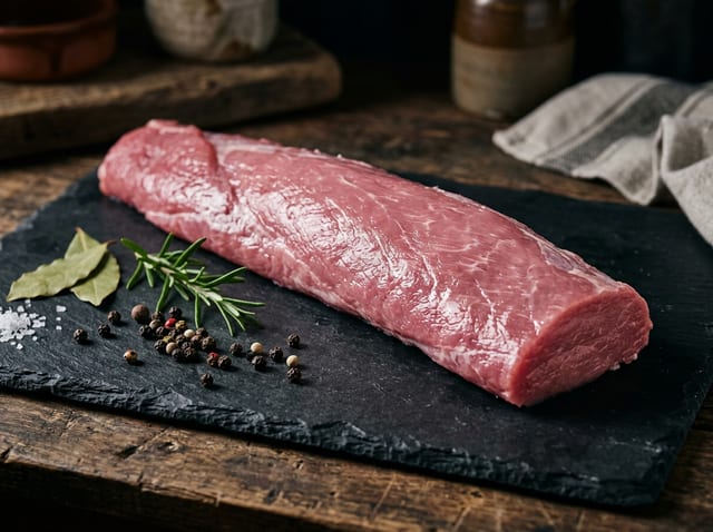 Solomillo de cerdo Duroc crudo, mostrando su marmoleado natural