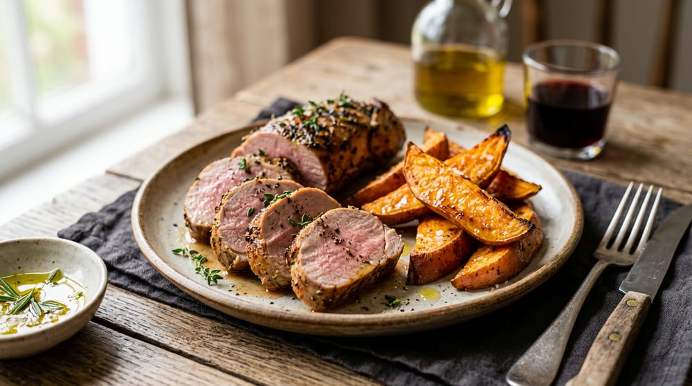 Detalle del solomillo Duroc cortado en medallones junto al boniato asado