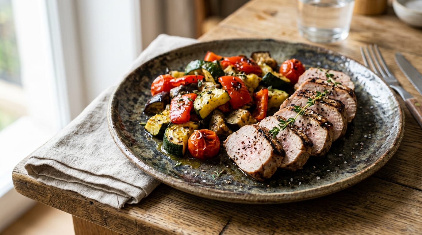 Solomillo de cerdo Duroc a la plancha con verduras mediterráneas asadas