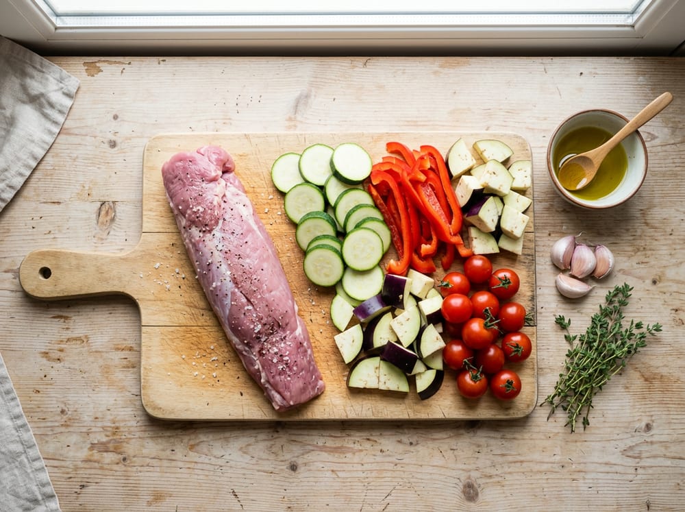 Ingredientes preparados: solomillo de cerdo Duroc crudo junto a calabacín, pimiento, berenjena y tomate cherry cortados, listos para asar