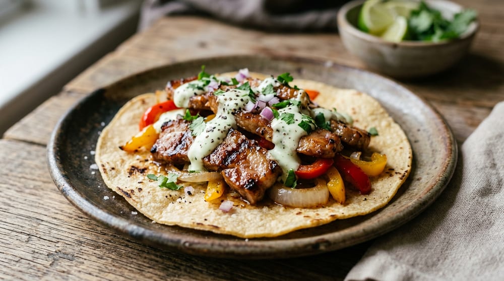 Detalle de un taco de lomo Duroc con verduras y salsa de yogur