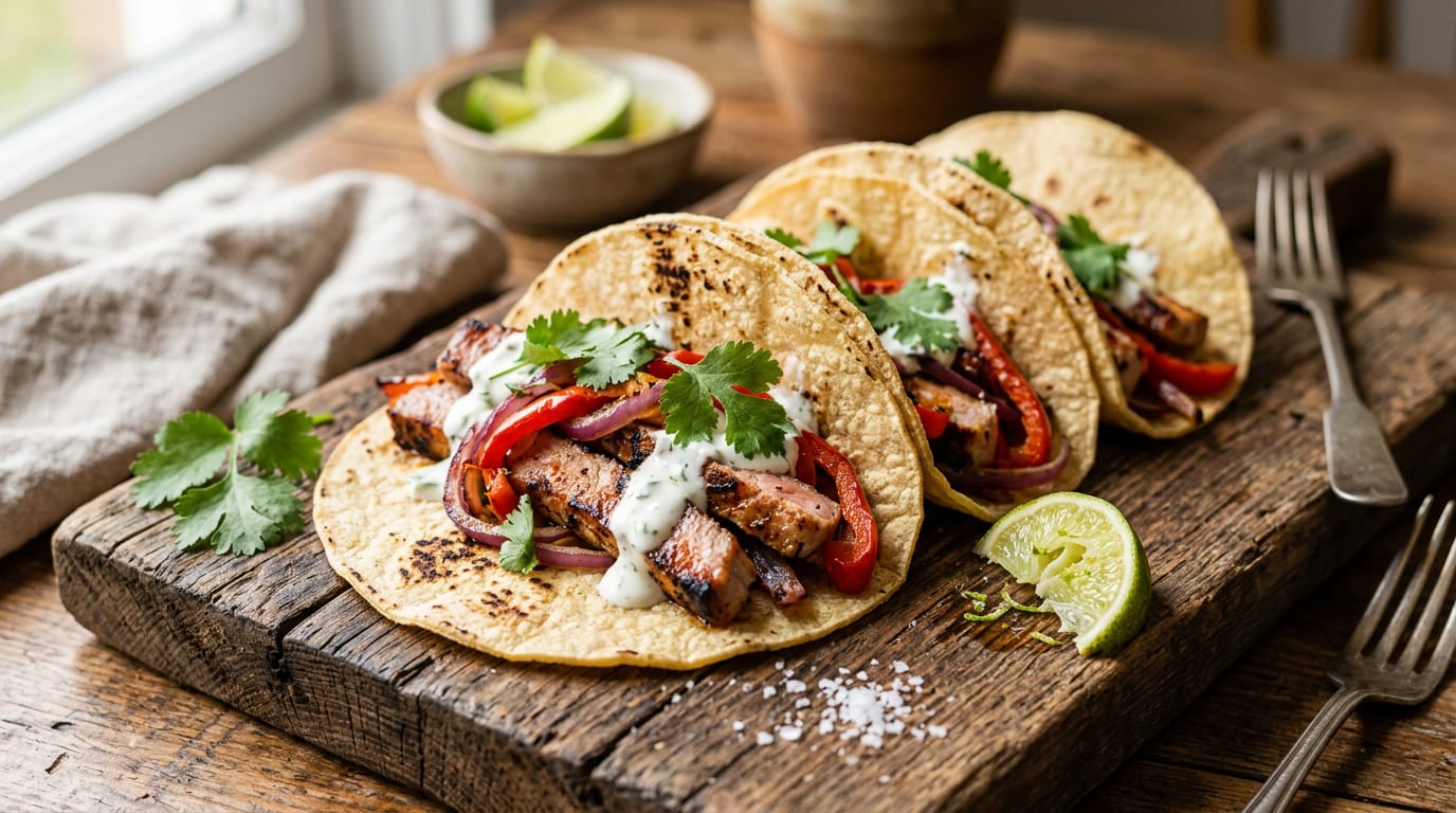 Tacos de lomo Duroc con verduras y salsa de yogur