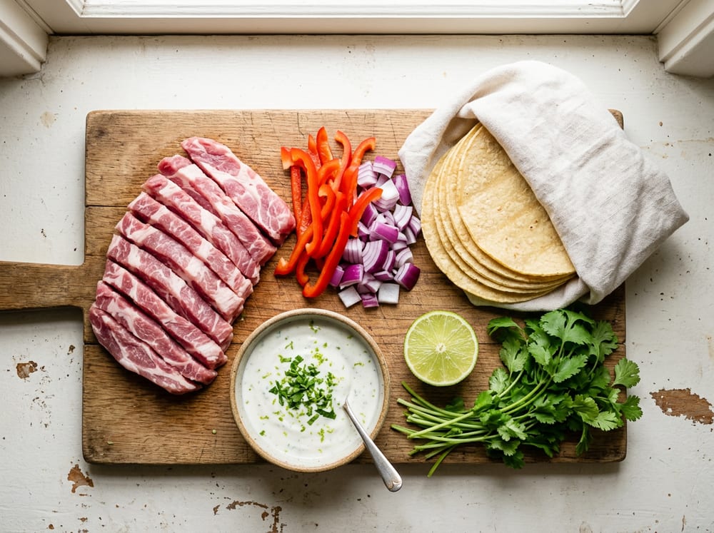 Tiras de lomo de cerdo Duroc crudo junto a pimiento, cebolla morada, tortillas de maíz y salsa de yogur